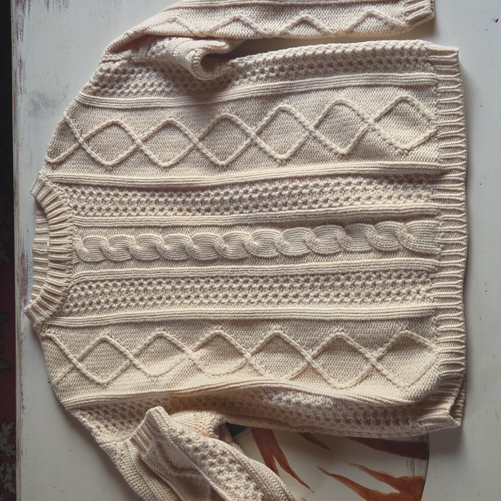 Duo Deluxe Cream Cableknit 100 Wool Sweater Made In Switzerland Sz 44